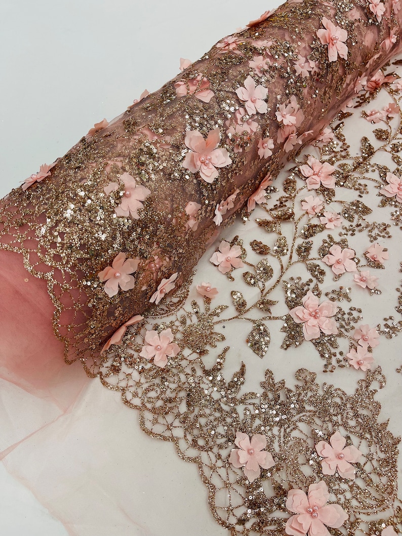 Rose Gold 3D Flower Glitter Sequin Fabric by the Yard, 3D Floral ...