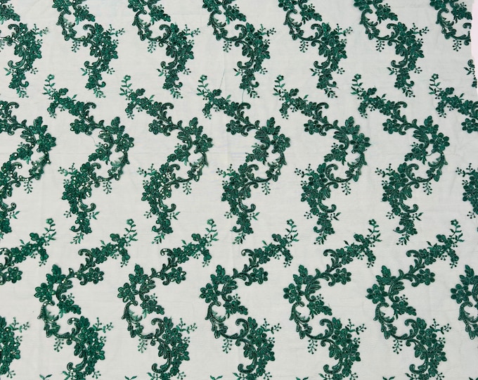 Hunter Green Floral Lace Fabric, by the yard - Embroidery With Sequins on a Mesh Lace Fabric For Gown, Wedding-Bridal