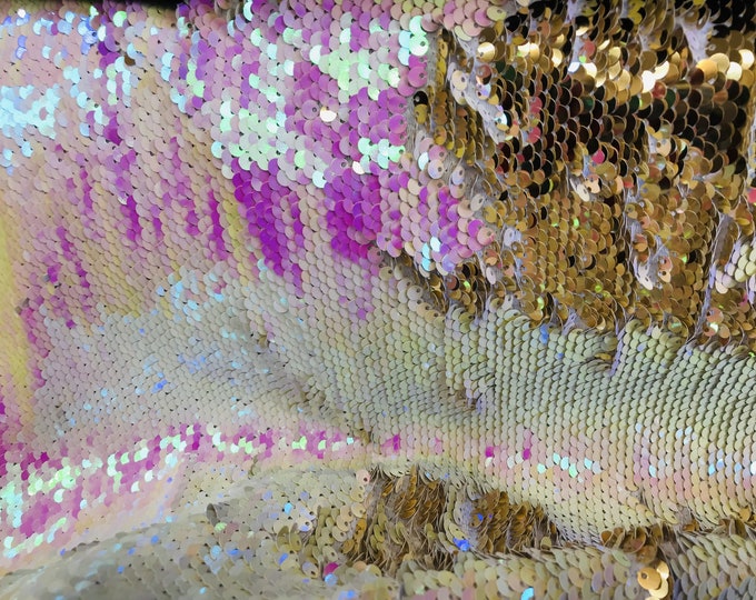 Iridescent Pink/Gold Flip Up Sequins Reversible, 2-Way Stretch 58/60” Sequins Fabric Dresses-Nightgowns-Prom Gown (Choose The Quantity)