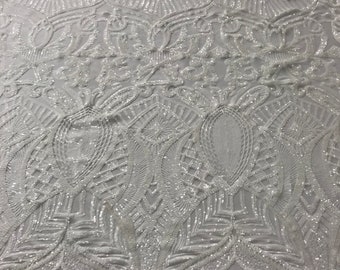 White Sequin Fabric, Royalty Embroidered Mesh, Prom Gown Fabric By The Yard