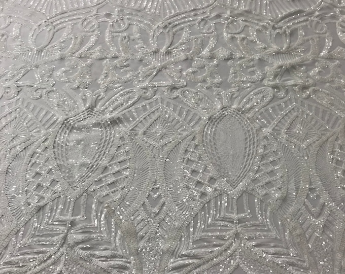 White Sequin Fabric, Royalty Design Embroidered With Sequin on a 4 Way Stretch Sequin Fabric Mesh-Prom-Gown By The Yard