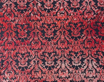 Black & Red Holographic Damask Poly Spandex Fabric: 4-Way Stretch
