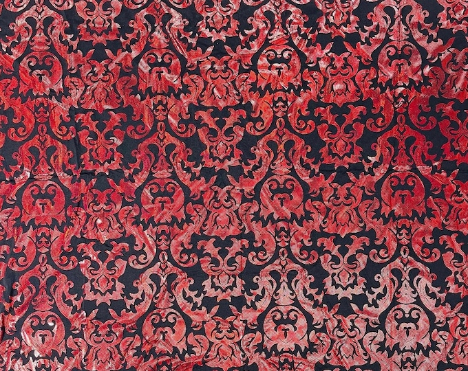 Black Red Metallic Holographic Damask Design With Holographic Print Poly Spandex Fabric 4 way stretch 60” Wide Sold By The Yard