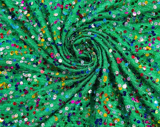 Multi Color Hologram Sequin Fabric On Green Fabric: Confetti Sequins, 2-Way Stretch By Yard