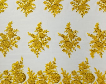 Yellow Lace Flower Design Embroidered on Mesh Lace Fabric, Floral Bridal Lace Wedding Dress by the Yard (Pick a Size)