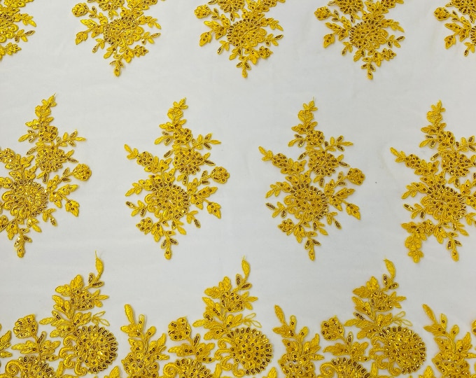 Yellow Lace Flower Design Embroidered on Mesh Lace Fabric, Floral Bridal Lace Wedding Dress by the Yard (Pick a Size)