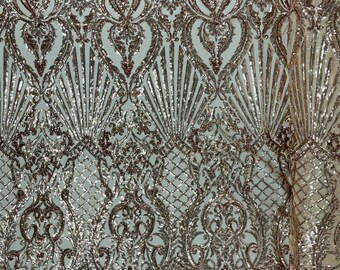 Rose Gold Sequin Fabric: Selena Damask 4-Way Stretch Mesh, Prom Gown Fabric