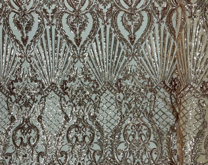 Rose Gold Sequin Fabric, Selena Damask Design on a 4 Way Stretch Sequin Lace Mesh - Prom Gala Gown Fabric By Yard