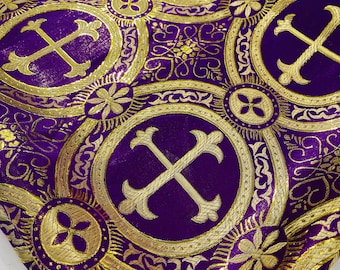 Purple/Gold Religious Brocade, Liturgical Cross Metallic Brocade Fabric By Yard, Ecclesiastical Jacquard, Church Vestment, Cross Brocade