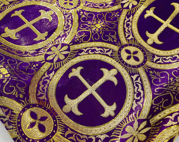 Purple/Gold Religious Brocade, Liturgical Cross Metallic Brocade Fabric By Yard, Ecclesiastical Jacquard, Church Vestment, Cross Brocade