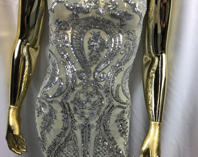 Sequin Silver Lace Fabric, DAMASK Design Embroidered on Silver Mesh 4 way Stretch Sequin By The Yard -Prom-Gown ( Choose The Size )