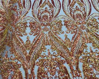 Iridescent Orange Sequins - 4 Way Stretch Fancy Big Damask Design Sequins on Spandex Mesh Prom Gala Gown Fabric By The Yard