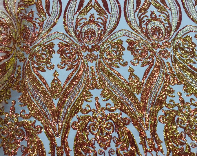 Iridescent Orange Sequins - 4 Way Stretch Fancy Big Damask Design Sequins on Spandex Mesh Prom Gala Gown Fabric By The Yard