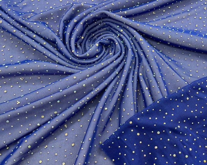 Royal Blue | AB Rhinestones Fabric On Royal Power Mesh Polyester Spandex Fabric With Crystal Stones | AB Rhinestones Fabric sold by the yard