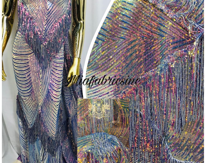 Lavender Iridescent Fringe Sequins on a Mesh, Lavender Fringe Design Embroidered on 4 Way Stretch Fancy Sequin ( Choose The Size )