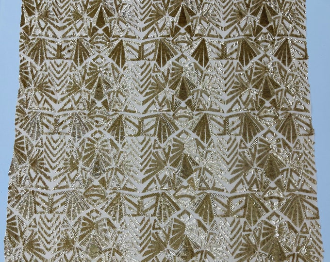 Matte Gold -  4 Way Stretch Geometric Sequins Emily Design Shiny Fabric on Mesh for Prom Gala Gown By The Yard