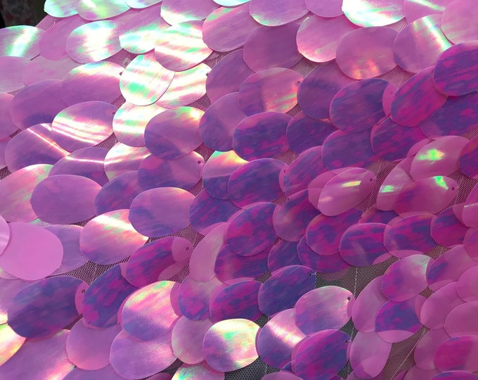 Lavender Iridescent Big Sequins Oval Sequin Paillette, by the yard - Tear Drop Mermaid Jumbo Sequins Fabric On a Mesh (Pick a Size)