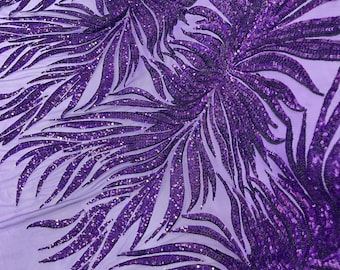 Purple Holographic Sequin Fabric: 4-Way Stretch Mesh, Phoenix Wing Embroidery