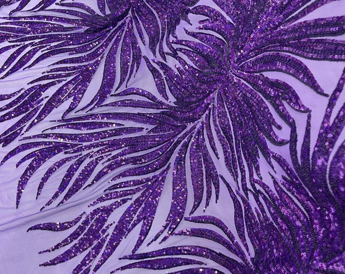 Purple Holographic Sequin Fabric Sold By The Yard, 4 Way Stretch Mesh, Embroidery on a Mesh Phoenix Wing Sequins Fabric for Prom Gala Gown