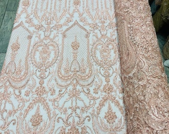 Blush Peach Beaded Fabric, Embroidered Floral Mesh, By The Yard