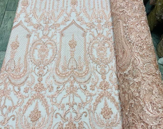 Mia’s Fabrics, Blush Peach - Beaded Fabric - by the yard - Embroidered With Pearls and Beads on Mesh