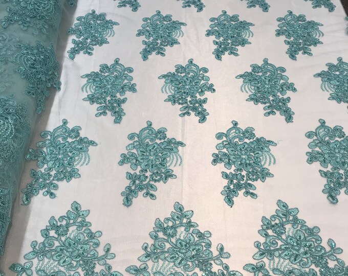 Flower Lace Fabric - Aqua/Mint Floral Clusters Embroidered Lace Mesh Fabric Sold By The Yard