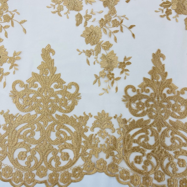GOLD Damask Design Embroidered on Mesh Lace Fabric, Floral Bridal Lace Wedding Dress by the Yard (Pick a Size)