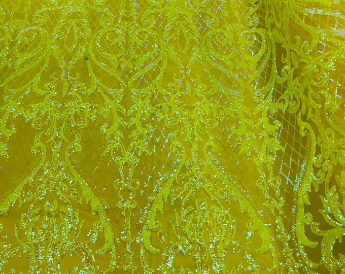 Iridescent Yellow Sequin Fabrics - 4 Way Stretch Sequins Heart Pattern Damask with Fish Net Details on Mesh Sold By Yard
