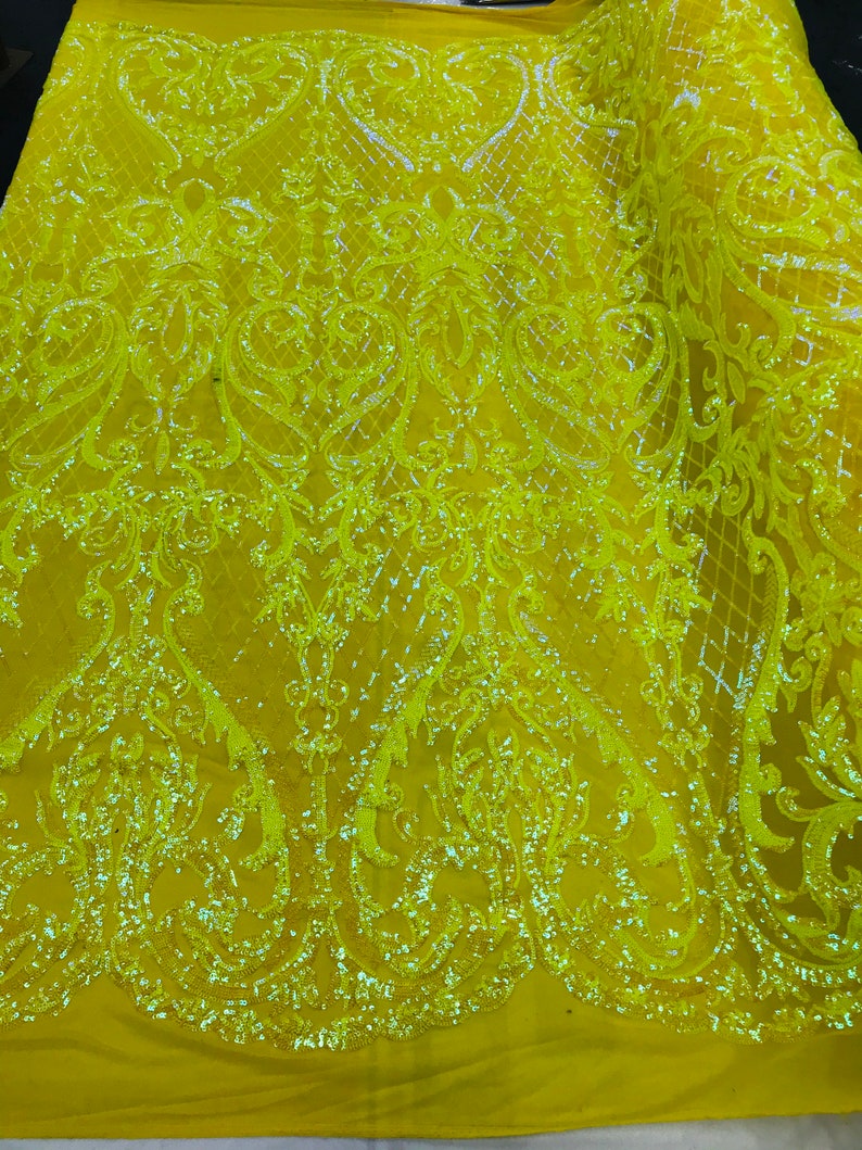 Iridescent Yellow Sequin Fabrics Damask Design 4way Stretch Etsy