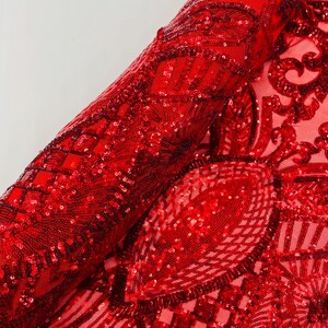 Red Sequin Fabric, Royalty Design Embroidered Mesh, Prom Gown Fabric By The Yard