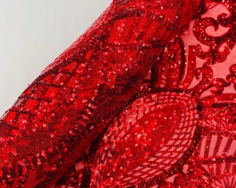 Red Sequin Fabric, Royalty Design Embroidered Mesh, Prom Gown Fabric By The Yard