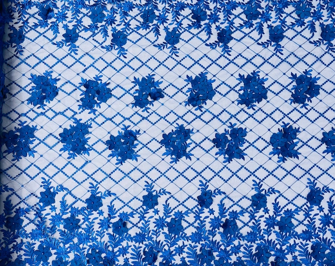 Mia Fabrics Inc, Royal Blue 3D Floral-Flower With Pearl, 3D Floral-Flower Bridal Wedding Lace Fabric by the Yard (Pick a Size)