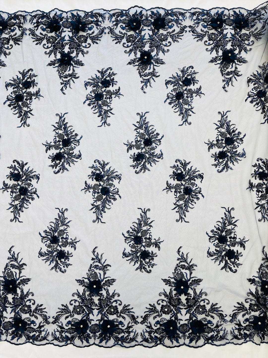 Navy Beaded 3D Floral Design Embroidery With Beaded/rhinestones on a ...