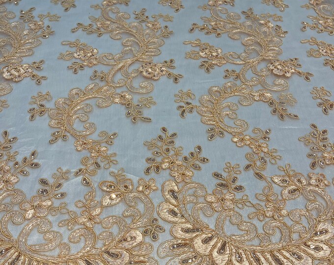 Lt Peach Floral Lace Fabric, Embroidery With Sequins on a Mesh Lace Fabric By The Yard For Gown, Wedding-Bridal (Choose The Quantity)