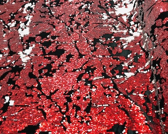 Red/White Reversible Sequin Black Stretch Velvet Fabric