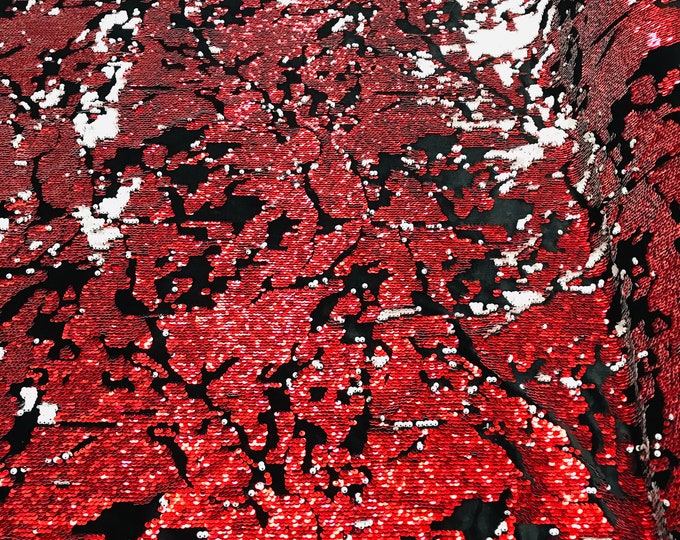 Red/White Sequin on Black Stretch Velvet, Reversible Sequins all Over 5mm Flip Sequins 2-way Stretch 60” (Choose The Quantity)