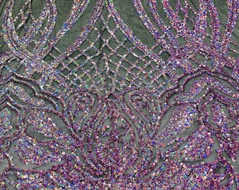 Holographic Sequin Fabric: Black Mesh, 4-Way Stretch, Wavy Line Design