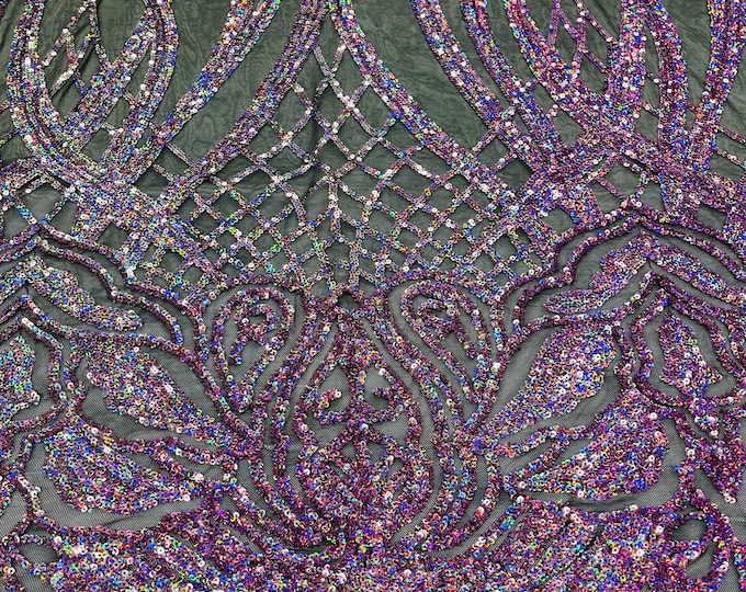 Holographic Sequin on Black Mesh Embroidered With Sequins Fabric 4 Way Stretch Wavy Line Sequins Design Sequin Fabric Mesh, Prom-Gown By the