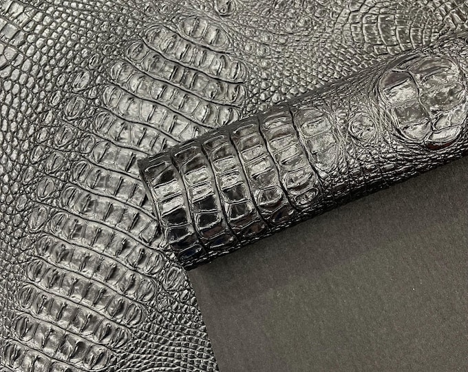 Black Z Faux Crocodile Vinyl Leather Upholstery Fabric By Yard, Big 3D Crocodile Vinyl Fabric Faux Fake Leather Purses Shoes Wallets