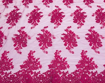 Fuchsia Floral Embroidery Lace Fabric: Scalloped Mesh, Bridal Gown By The Yard