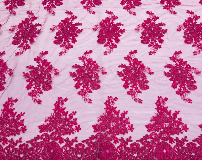 Fuchsia Floral Lace Fabric, Embroidery on a Mesh Lace Fabric By The Yard For Gown, Wedding-Bridal