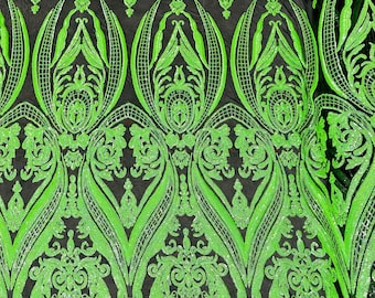 Neon Green Holographic Sequin  - 4 Way Stretch Fancy Big Damask Design Sequins on Spandex Mesh Prom Gala Gown Fabric By The Yard