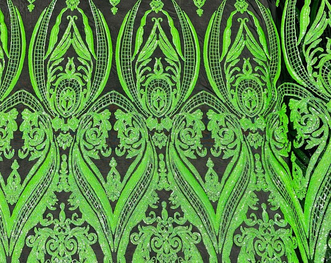 Neon Green Holographic Sequin  - 4 Way Stretch Fancy Big Damask Design Sequins on Spandex Mesh Prom Gala Gown Fabric By The Yard