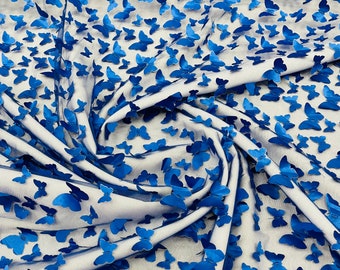 Royal Blue 3D Butterfly Lace Fabric: Embroidered Tulle Mesh, Bridal Wedding Dress by the yard