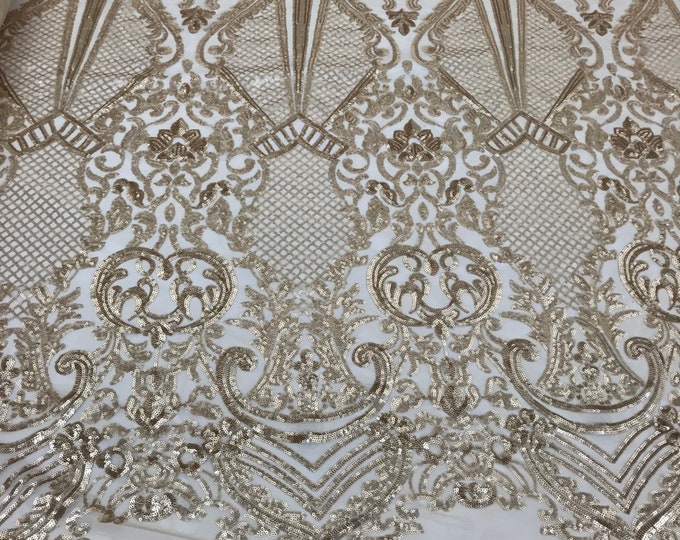 Sequins Matte Gold Lace Fabric, DAMASK Design Embroidered on a Mesh 4 way Stretch Sequin By The Yard -Prom-Gown ( Choose The Size )