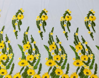 Yellow Floral Embroidered Lace Fabric, Bridal White Mesh, By The Yard
