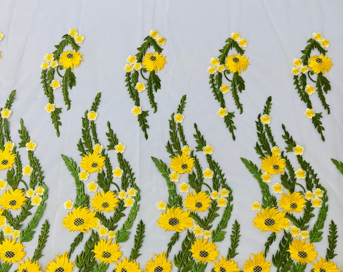 Yellow/Green Floral Lace Fabric, by the yard - Embroidery on White Mesh Lace Fabric For Wedding-Bridal