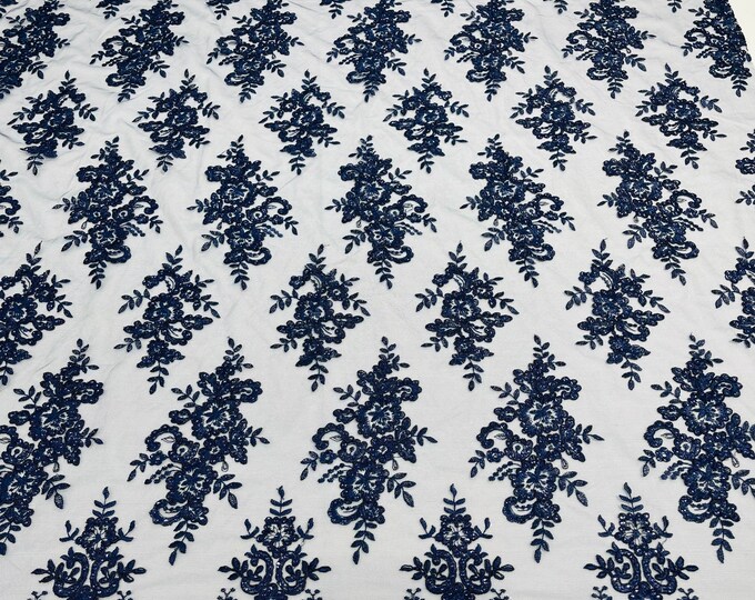 Navy Floral Lace Fabric - by yard - Embroidery With Sequins on a Mesh Corded Lace Fabric, For Gown - Wedding - Bridal