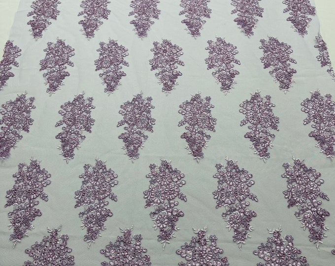 Lilac Floral Lace Fabric - by the yard - Embroidery With Sequins on a Mesh Lace Fabric For Wedding-Bridal