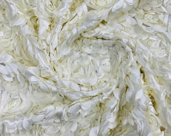 Ivory 3D Rosette Fabric: Satin Peony Bouquet on Mesh, Wedding Decor by the yard